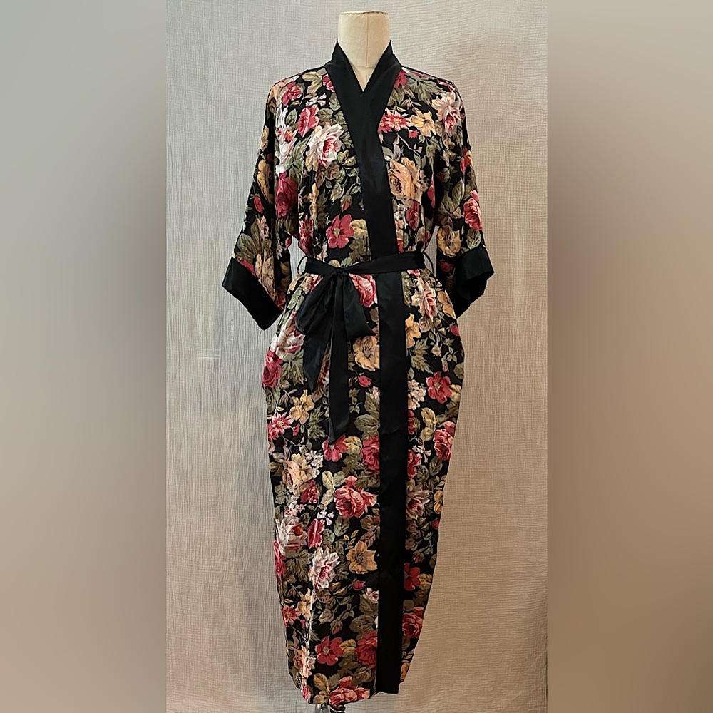 L.A. Intimates Floral Satin Brocade Robe with Black Satin Trim and Pockets.